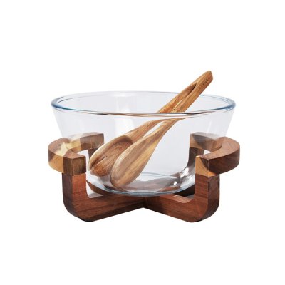 SET X3 PIEZAS SAKURA BOREAL MEDIANO - ENSALADERA DE VIDRIO + BASE Y PINZA DE ACACIA