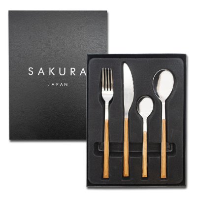 SET X24 PIEZAS CUBIERTOS SAKURA WOOD ACERO INOXIDABLE BRILLANTE