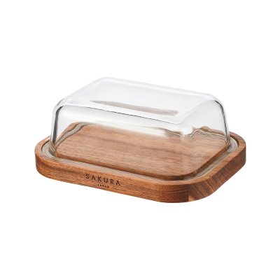 SAKURA PHUKET EDITION GLASS BUTTER DISH WITH ACACIA WOOD BASE