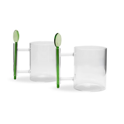 SET X2 TAZAS MUG CON CUCHARITAS SAKURA FOREST GREEN 400 ML - RADIANCE SERIES