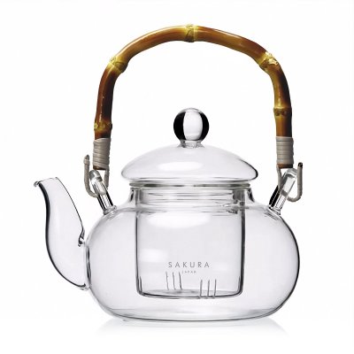 TETERA BRIGHTON SAKURA DE VIDRIO BOROSILICATO PREMIUM CON ASA DE BAMBU 1 LITRO