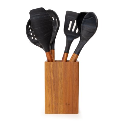 SET DE 7 PIEZAS SAKURA PHUKET DE ACACIA + SILICONA MARMOLADA BLACK - PORTA + 6 UTENSILIOS